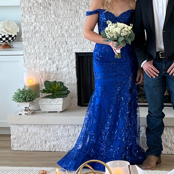 Sherri Hill Sapphire Blue Off-Shoulder Prom Gown - Picture 3 of 3